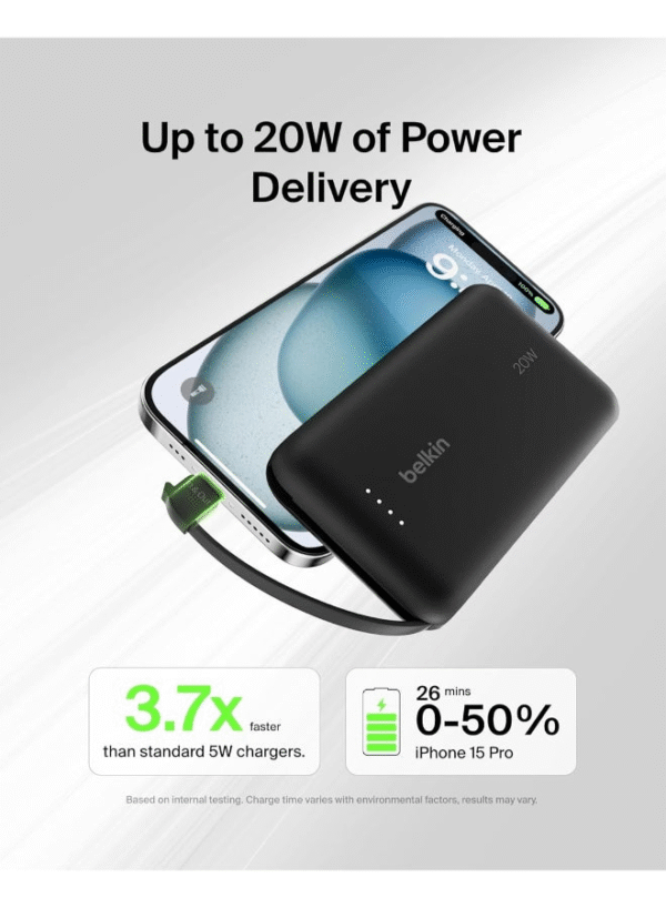 BoostCharge Power Bank, Portable Power Bank with Integrated Cable 10K PD 20W - Fast Charge USB-C Power Delivery, iPhone Power Bank Fast Charging for iPhone 16 Series, iPad Pro, Galaxy S24, More Matte Black - Image 3